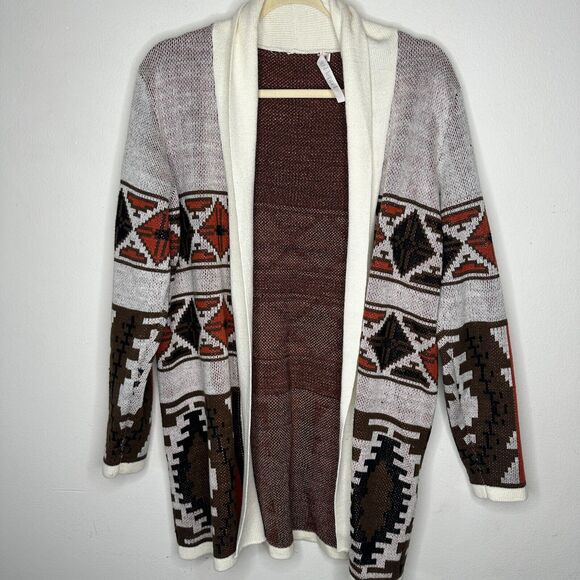 Mags & Pye Cream Brown Rust Native Aztec Print Longline Cardigan Sweater Medium - Picture 12 of 12